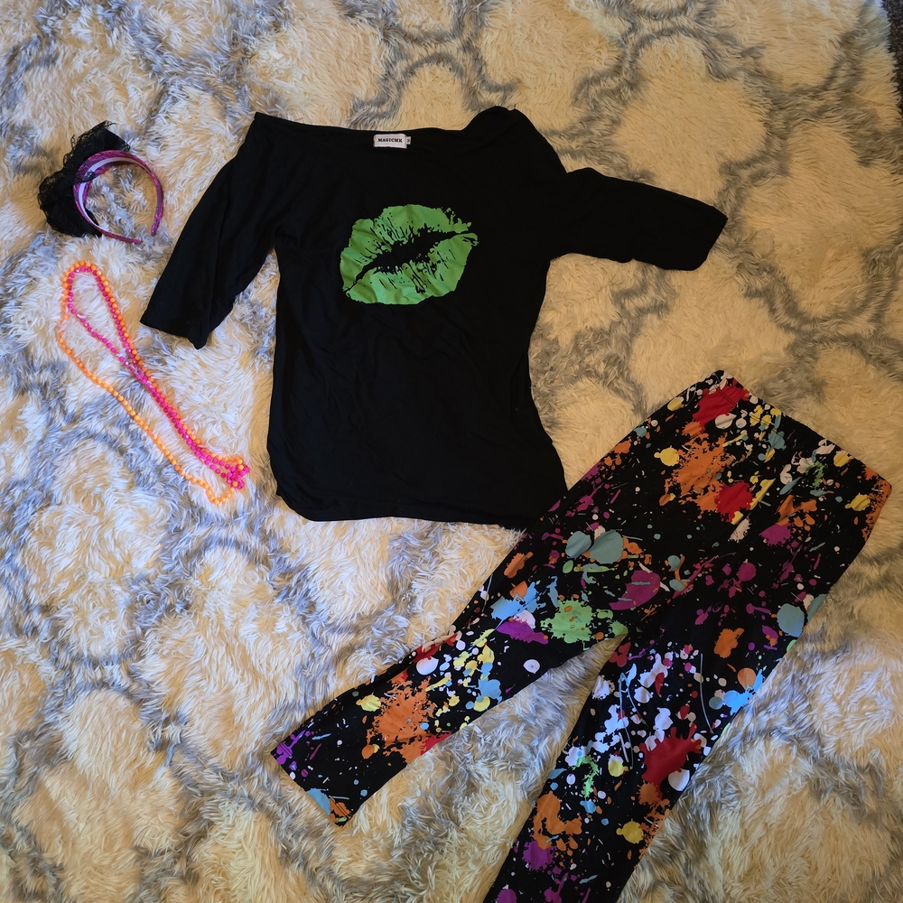 80's Black Graphic Top and Colorful Splatter Leggings